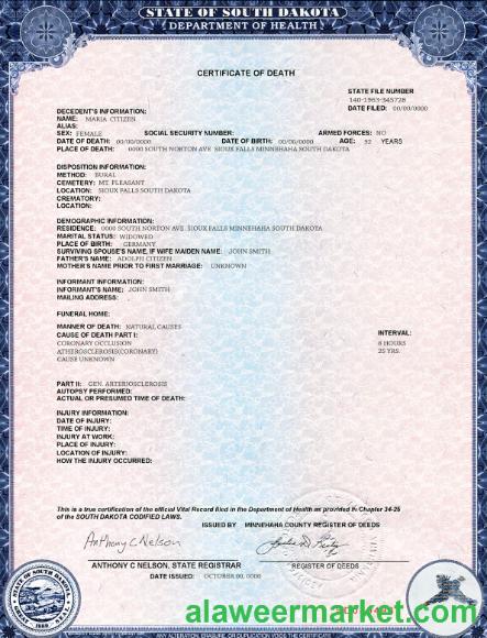 USA South Dakota state death certificate template in PSD format